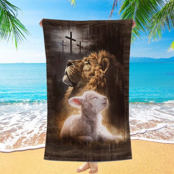 Lion Of Judah Lamb Of God The Rugged Crosses Beach Towel, Christian Beach Towel, Beach Towel