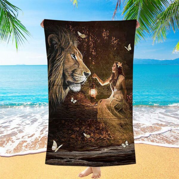 Lion Of Judah Pretty Girl White Butterfly Beach Towel, Christian Beach Towel, Beach Towel