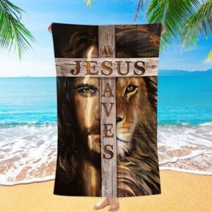 Lion Of Judah Wooden Cross Jesus Saves Beach Towel Christian Beach Towel Beach Towel 1 bn8y3e.jpg