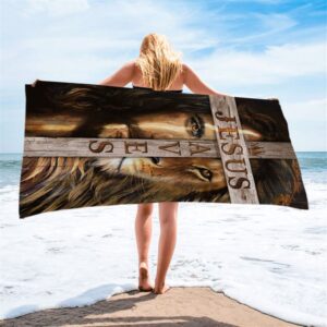 Lion Of Judah Wooden Cross Jesus Saves Beach Towel Christian Beach Towel Beach Towel 2 pqshtg.jpg