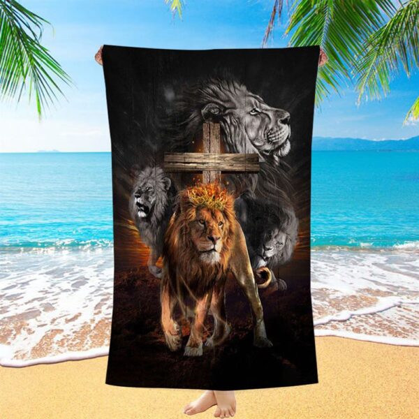 Lion Of Judah Wooden Cross Jesus The Lord Beach Towel, Christian Beach Towel, Beach Towel