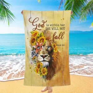 Lion Sunflower God Is Within Her She Will Not Fall Beach Towel Christian Beach Towel Beach Towel 1 puljnp.jpg