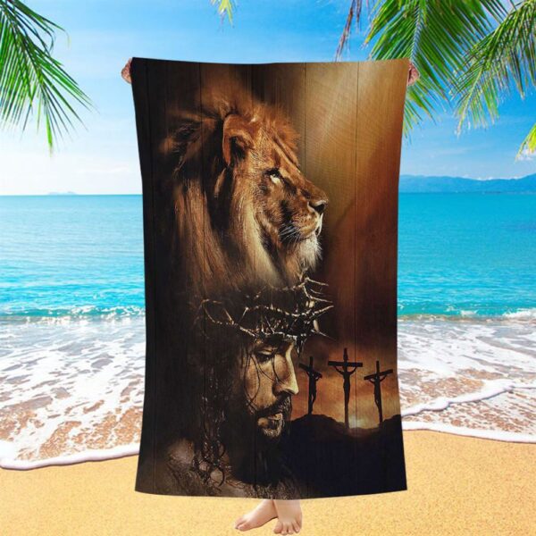 Lion The Face Of Jesus Crown Of Thorn Jesus Painting Beach Towel, Christian Beach Towel, Beach Towel