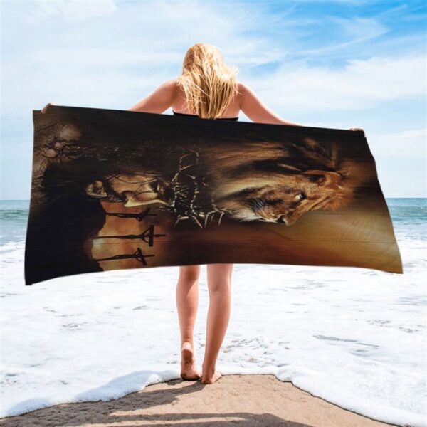 Lion The Face Of Jesus Crown Of Thorn Jesus Painting Beach Towel, Christian Beach Towel, Beach Towel