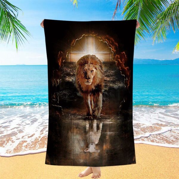 Lion White Lamb Cross On Tomb Beach Towel, Christian Beach Towel, Beach Towel