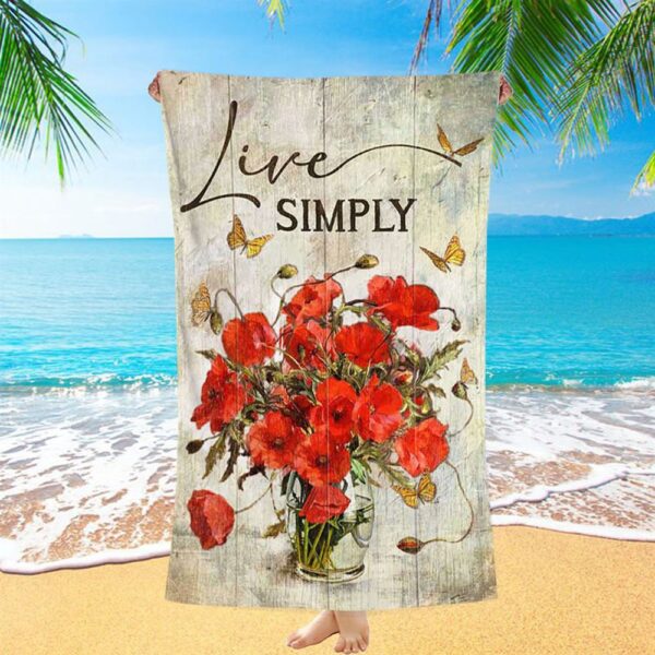 Live Simply Poppy Flower Yellow Butterfly Beach Towel, Christian Beach Towel, Beach Towel