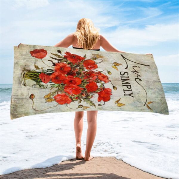 Live Simply Poppy Flower Yellow Butterfly Beach Towel, Christian Beach Towel, Beach Towel