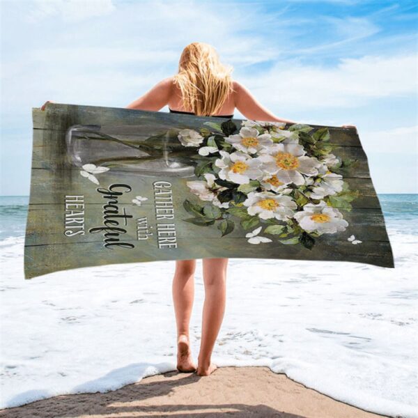 Magnolias Flower Gather Here With Grateful Hearts Beach Towel, Christian Beach Towel, Beach Towel