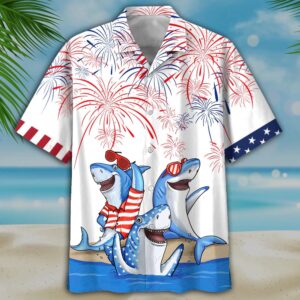 Men’s 4Th Of July Shark Hawaiian Shirt,…