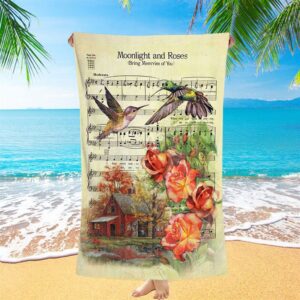 Moonlight And Roses Music Sheet Big Hummingbird Orange Rose Beach Towel Christian Beach Towel Beach Towel 1 rwt1wc.jpg