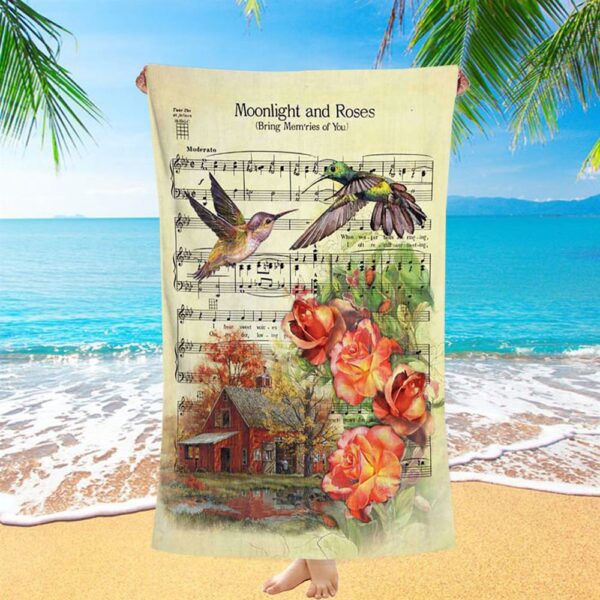 Moonlight And Roses Music Sheet Big Hummingbird Orange Rose Beach Towel, Christian Beach Towel, Beach Towel