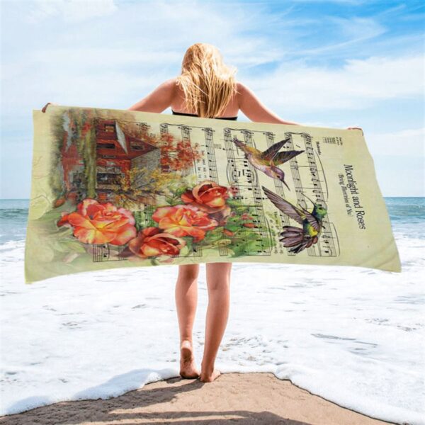 Moonlight And Roses Music Sheet Big Hummingbird Orange Rose Beach Towel, Christian Beach Towel, Beach Towel