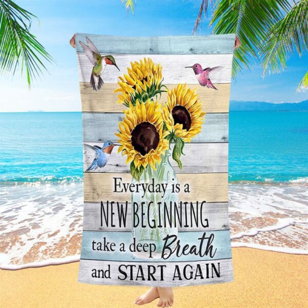 New Beginnings Hummingbirds Sunflowers Beach Towel & Decor Woman, Christian Beach Towel, Beach Towel