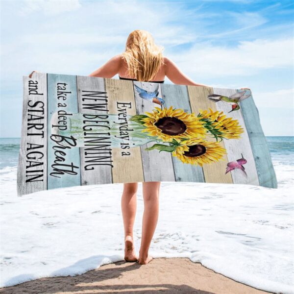 New Beginnings Hummingbirds Sunflowers Beach Towel & Decor Woman, Christian Beach Towel, Beach Towel