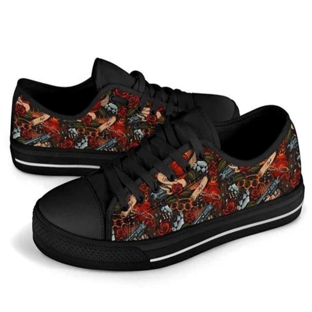 Old School Heart Rose Canvas Low Top Shoes, Low Top Designer Shoes, Low Top Sneakers