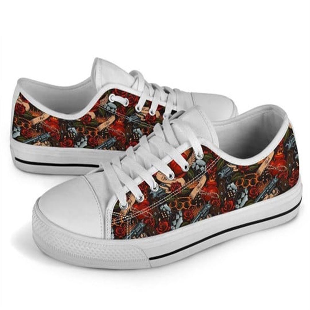 Old School Heart Rose Canvas Low Top Shoes, Low Top Designer Shoes, Low Top Sneakers