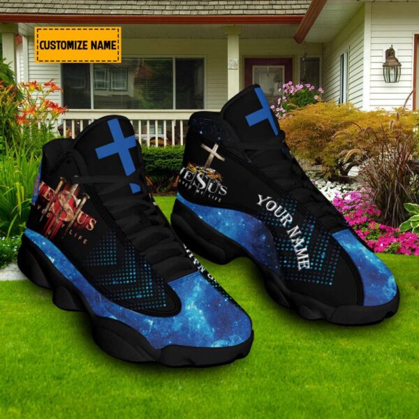 Personalized Jesus Saved My Life Basketball Shoes With Thick Soles, Blue Design, Christian Basketball Shoes, Basketball Shoes 2024