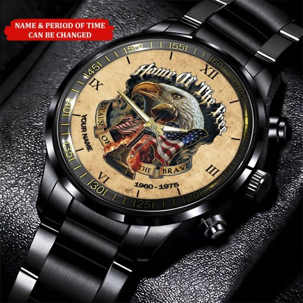 Personalized Name And Time Home Of The Free Because Of The Brave Printed Veteran Watch, Watch Military, Men Military Watch, Fathers Watches