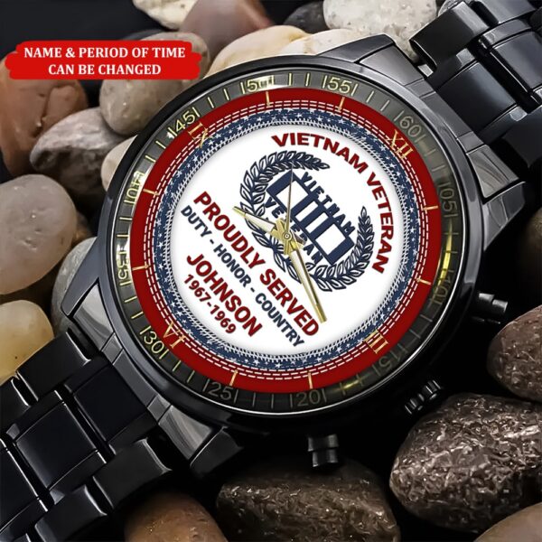 Personalized Name And Time Proudly Served Blue Red Flag Printed Veteran Watch, Vietnam Veteran Watch, Watch Military, Men Military Watch