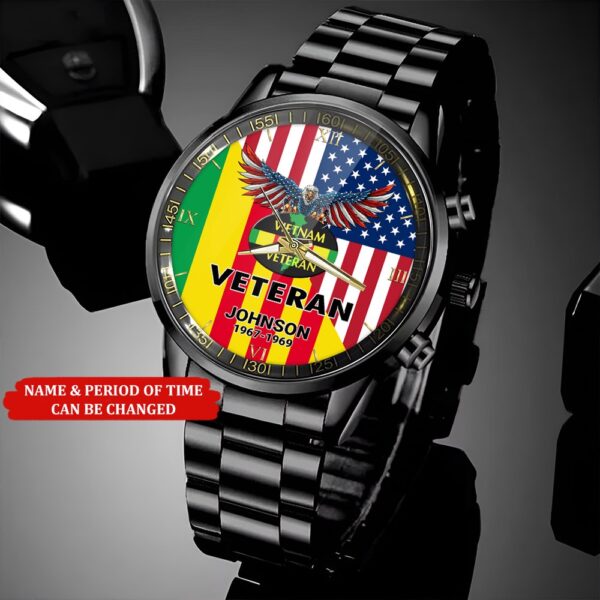 Personalized Name Time Eagle Flag Vietnam Veteran Business Watch, Watch Military, Men Military Watch, Fathers Watches