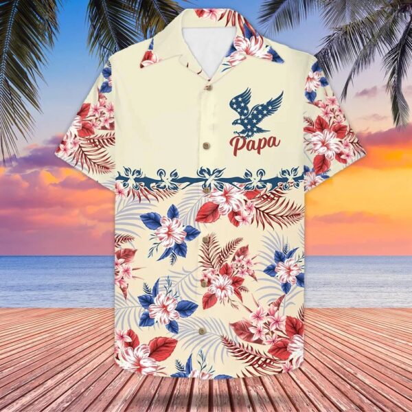 Personalized Papa American Eagle Flag, Tropical Pattern Hawaiian Shirt, 4th Of July Hawaiian Shirt, 4th Of July Shirt