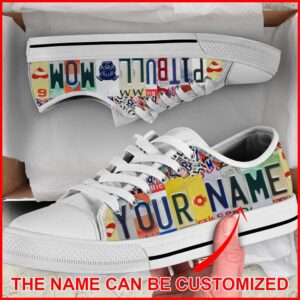 Personalized Pitbull Mom License Plate Low Top Sneaker, Designer Low Top Shoes, Low Top Sneakers