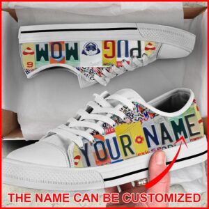 Personalized Pug Mom License Plate Low Top Sneaker, Designer Low Top Shoes, Low Top Sneakers