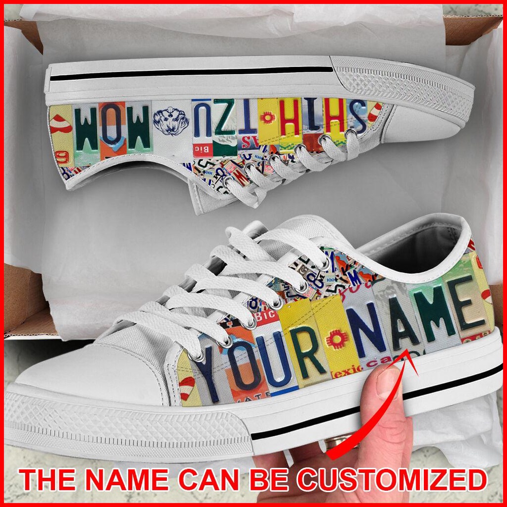 Personalized Shih Tzu Dog Mom License Plate Low Top Sneaker, Designer Low Top Shoes, Low Top Sneakers Personalized Shih Tzu Dog Mom License Plate Low Top Sneaker, Designer Low Top Shoes, Low Top Sneakers