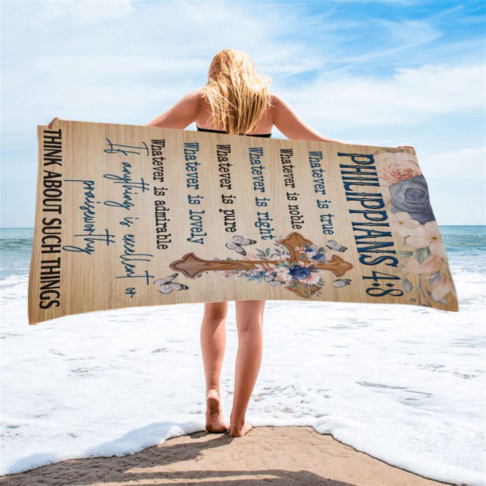 Philippians 48 Whatever Is True Floral Cross Beach Towel, Christian Beach Towel, Beach Towel