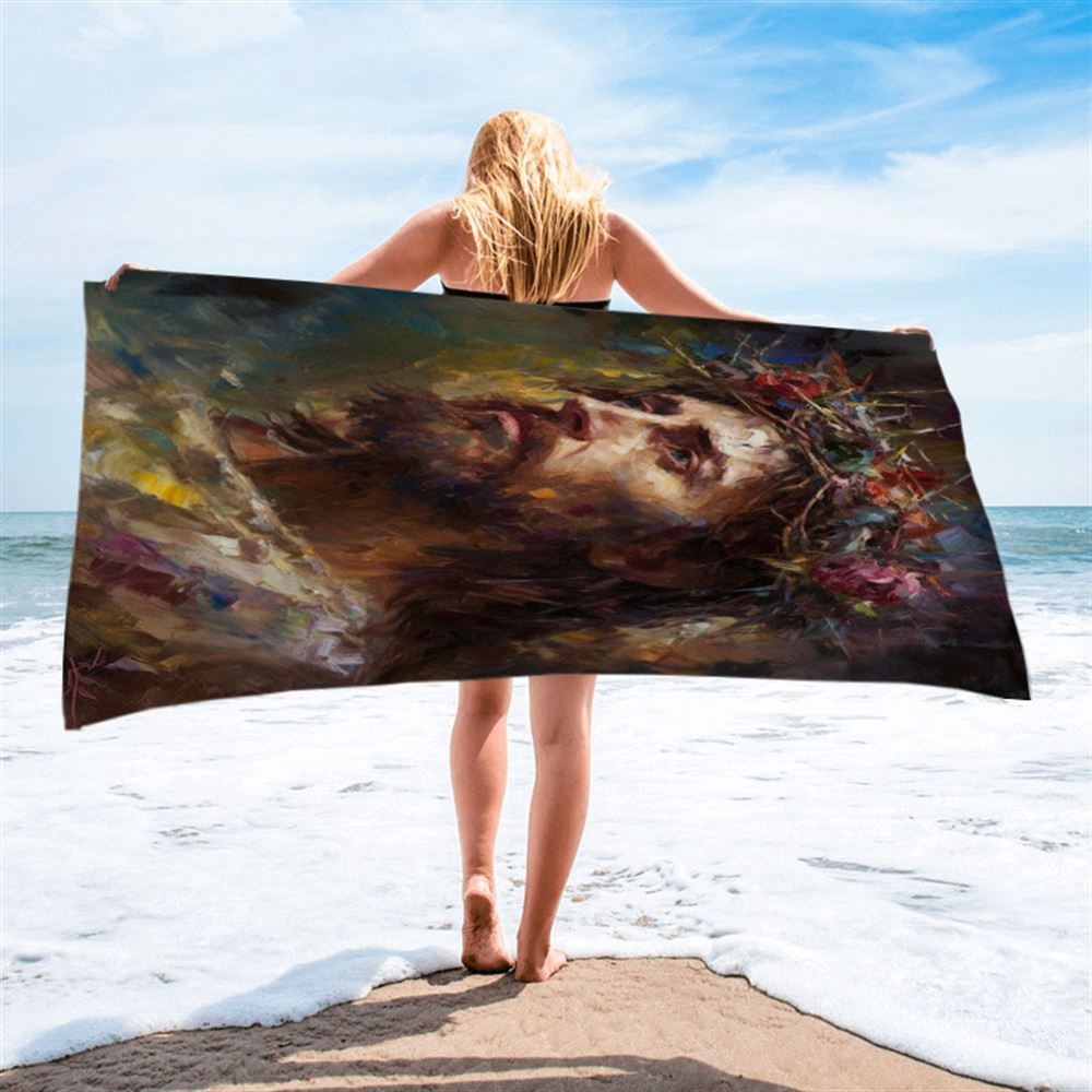 Portrait Of Jesus With The Crown Of Thorn Beach Towel, Christian Beach Towel, Beach Towel