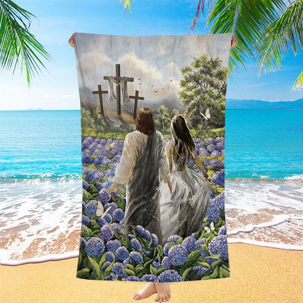 Pretty Girl Walking With Jesus In Purple Hydrangea Flower Field Beach Towel, Christian Beach Towel, Beach Towel