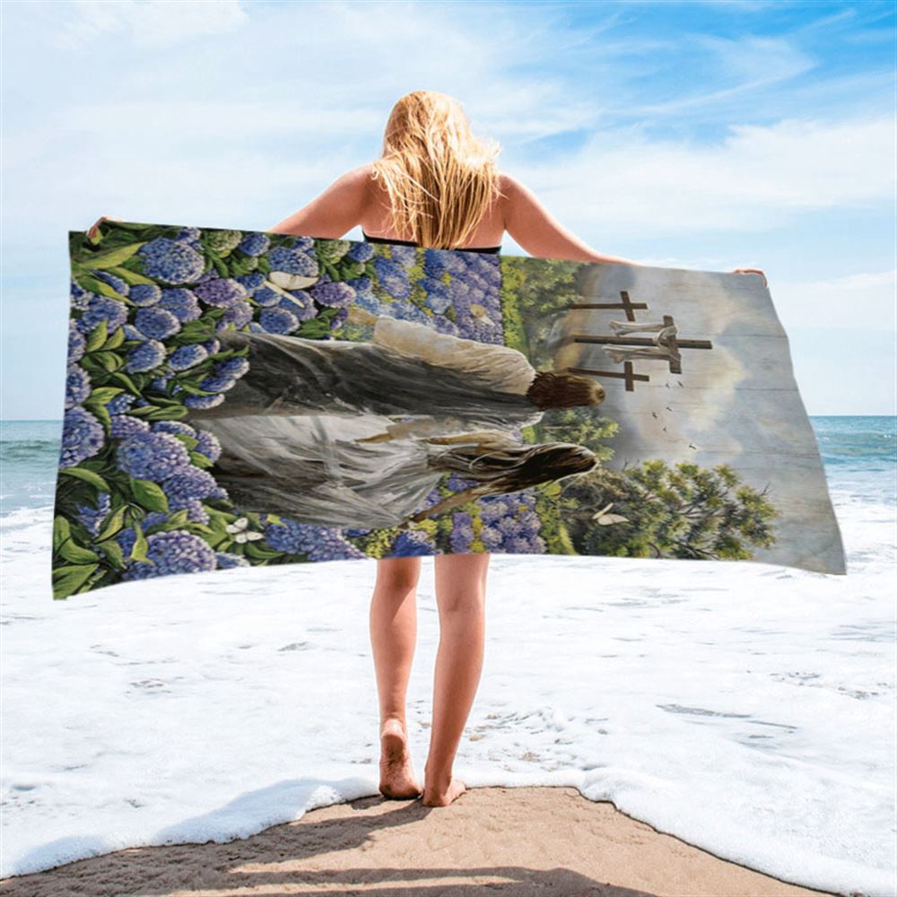 Pretty Girl Walking With Jesus In Purple Hydrangea Flower Field Beach Towel, Christian Beach Towel, Beach Towel