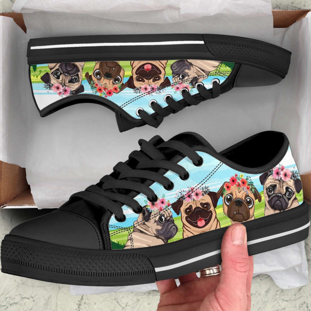 Pug Dog Floral Wreath Low Top Shoes Canvas Sneakers Casual Shoes, Designer Low Top Shoes, Low Top Sneakers Pug Dog Floral Wreath Low Top Shoes Canvas Sneakers Casual Shoes, Designer Low Top Shoes, Low Top Sneakers