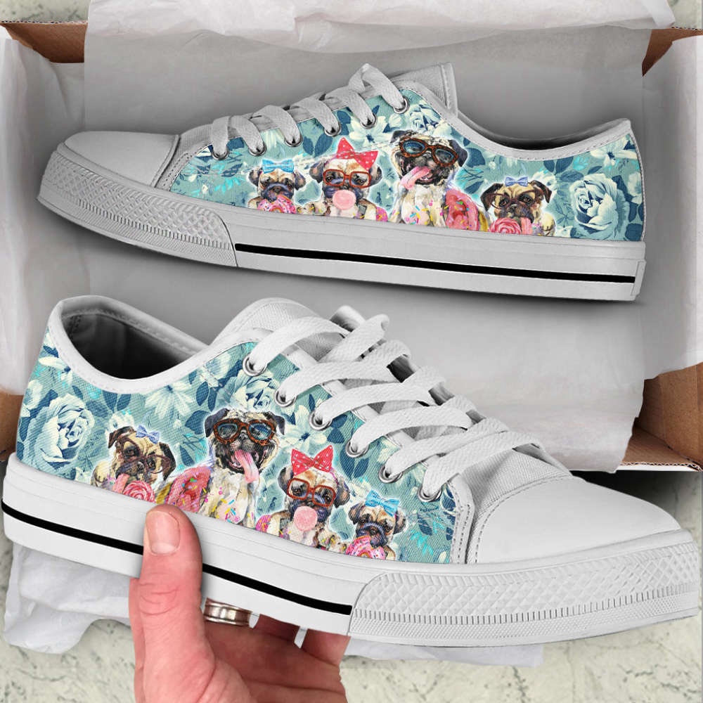 Pug Dog Flowers Low Top Shoes Canvas Sneakers Casual Shoes, Designer Low Top Shoes, Low Top Sneakers Pug Dog Flowers Low Top Shoes Canvas Sneakers Casual Shoes, Designer Low Top Shoes, Low Top Sneakers