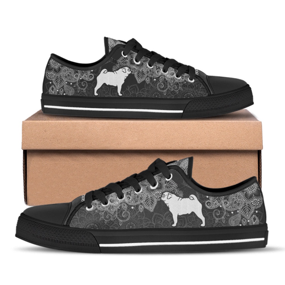 Pug Dog Mandala Black And White Low Top Shoes Canvas Sneakers, Designer Low Top Shoes, Low Top Sneakers Pug Dog Mandala Black And White Low Top Shoes Canvas Sneakers, Designer Low Top Shoes, Low Top Sneakers