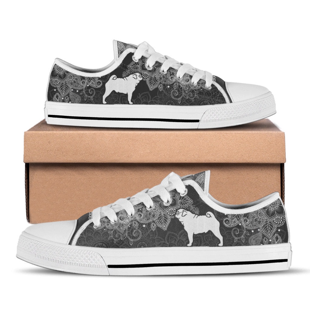 Pug Dog Mandala Black And White Low Top Shoes Canvas Sneakers, Designer Low Top Shoes, Low Top Sneakers Pug Dog Mandala Black And White Low Top Shoes Canvas Sneakers, Designer Low Top Shoes, Low Top Sneakers