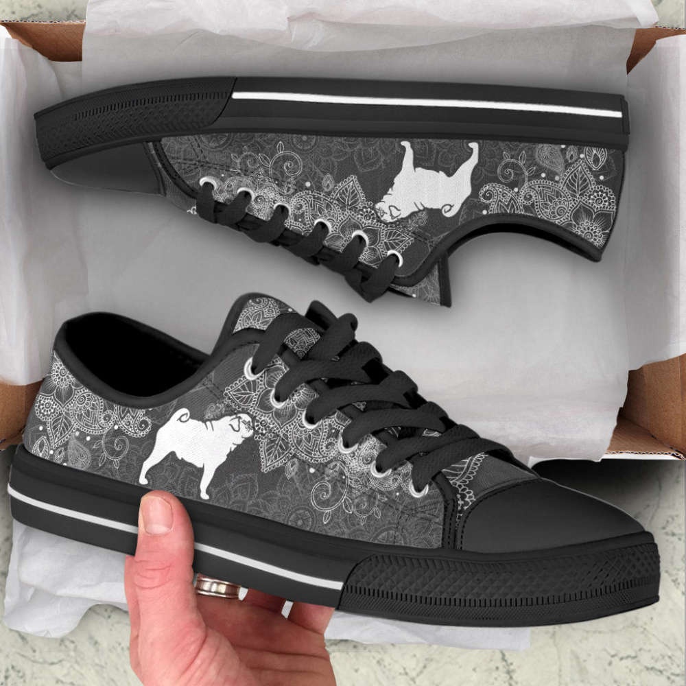 Pug Dog Mandala Black And White Low Top Shoes Canvas Sneakers, Designer Low Top Shoes, Low Top Sneakers Pug Dog Mandala Black And White Low Top Shoes Canvas Sneakers, Designer Low Top Shoes, Low Top Sneakers