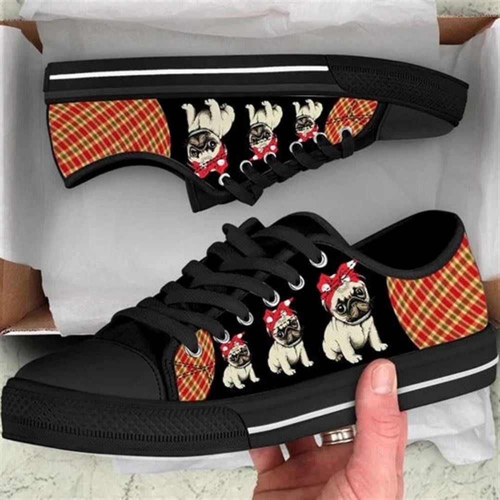 Pug Dog Red Black Tan Plaid Canvas Low Top Shoes, Low Top Shoes Mens, Women, Designer Low Top Shoes, Low Top Sneakers