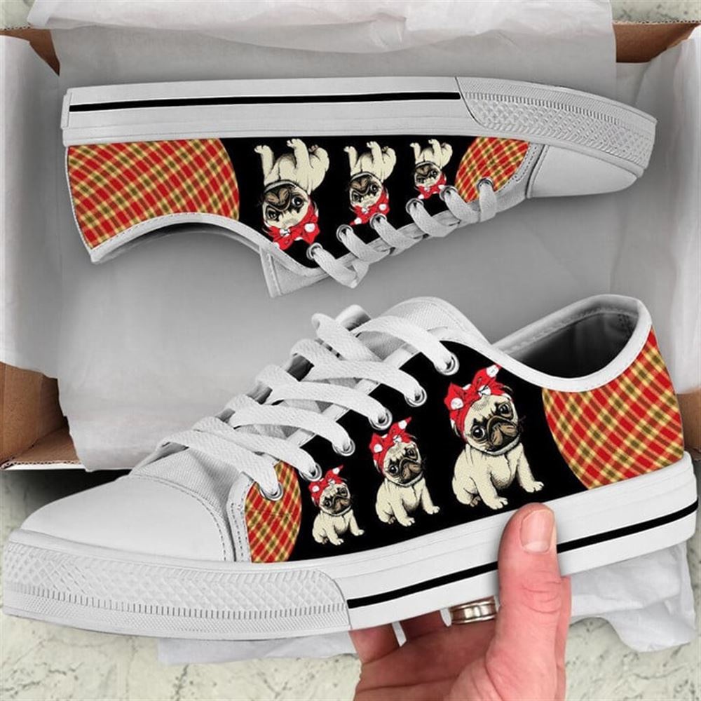 Pug Dog Red Black Tan Plaid Canvas Low Top Shoes, Low Top Shoes Mens, Women, Designer Low Top Shoes, Low Top Sneakers