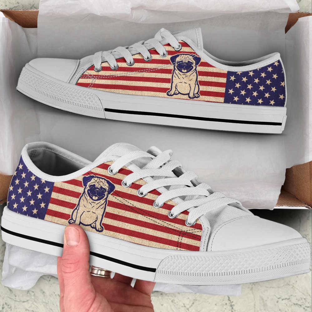 Pug Dog USA Flag Low Top Shoes Canvas Sneakers Casual Shoes, Designer Low Top Shoes, Low Top Sneakers