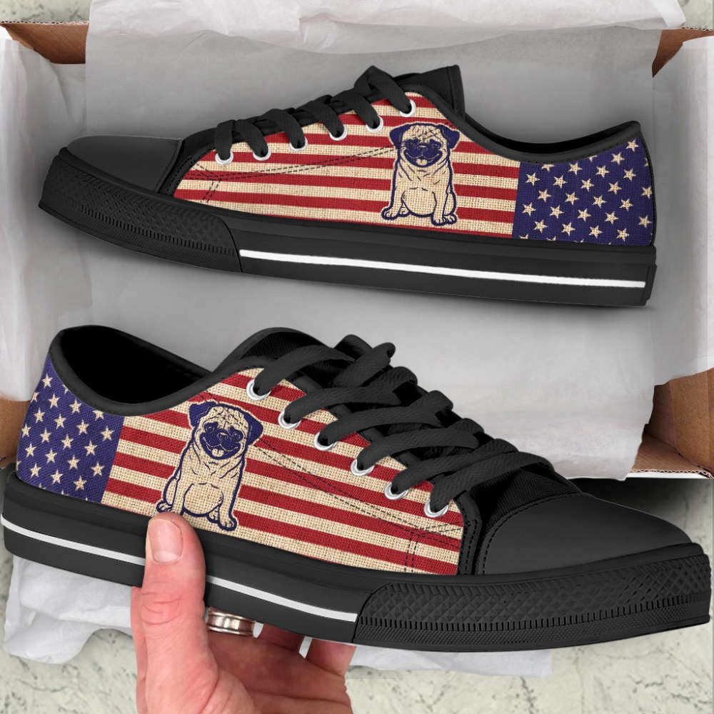 Pug Dog USA Flag Low Top Shoes Canvas Sneakers Casual Shoes, Designer Low Top Shoes, Low Top Sneakers
