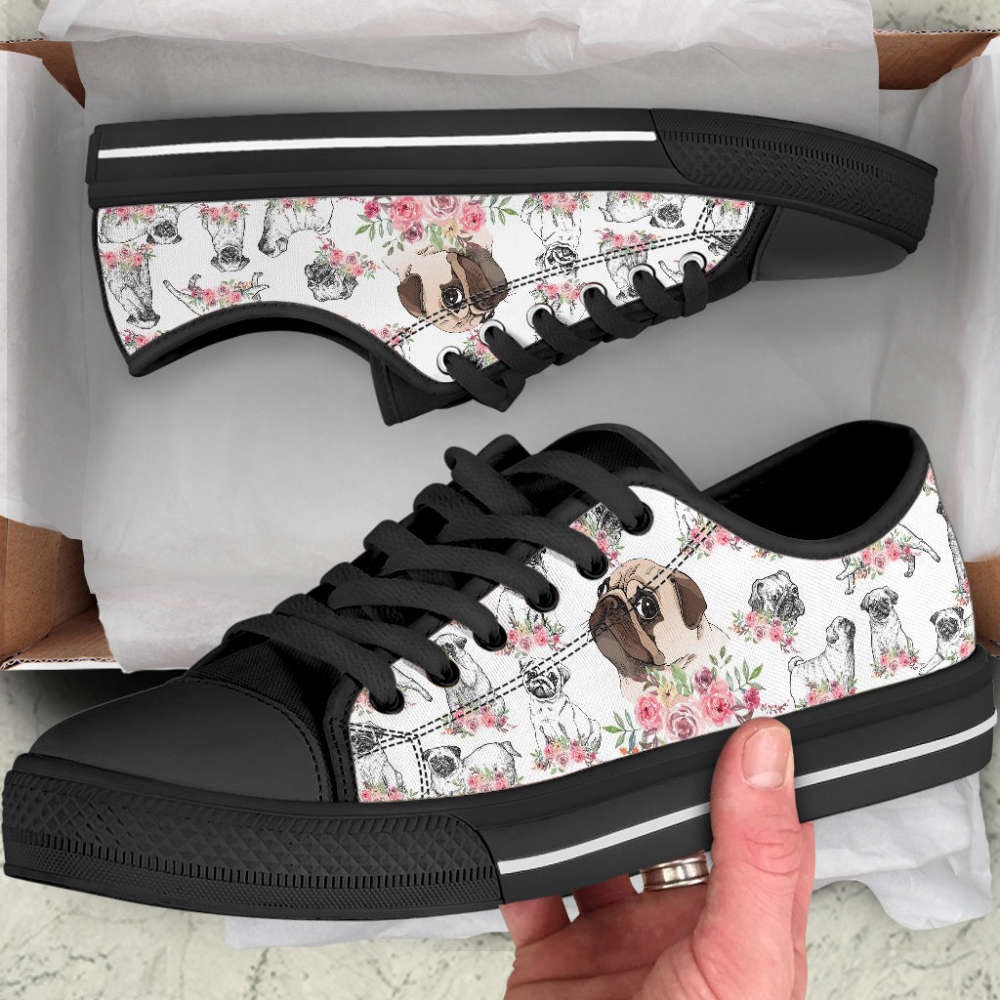 Pug Dog Watercolor Flower Low Top Shoes Canvas Sneakers Casual Shoes, Designer Low Top Shoes, Low Top Sneakers
