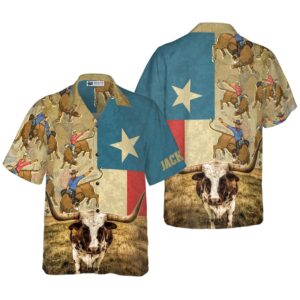 Rodeo Longhorn Texas Flag Custom Hawaiian Shirt,…