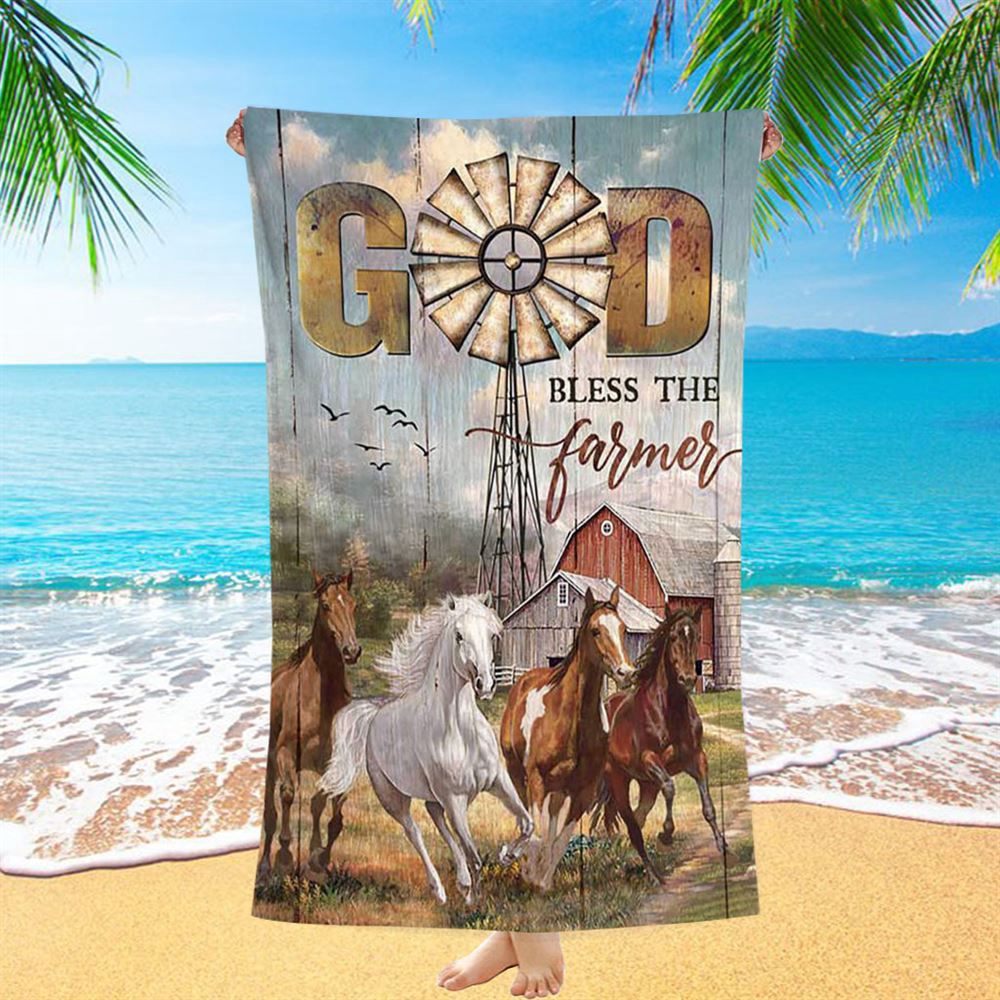 Running Horses God Bless The Farmer Beach Towel, Christian Beach Towel, Beach Towel Running Horses God Bless The Farmer Beach Towel, Christian Beach Towel, Beach Towel
