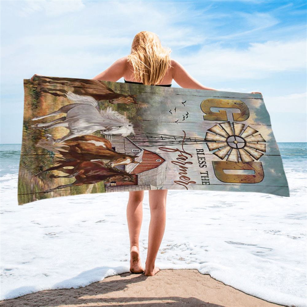 Running Horses God Bless The Farmer Beach Towel, Christian Beach Towel, Beach Towel Running Horses God Bless The Farmer Beach Towel, Christian Beach Towel, Beach Towel