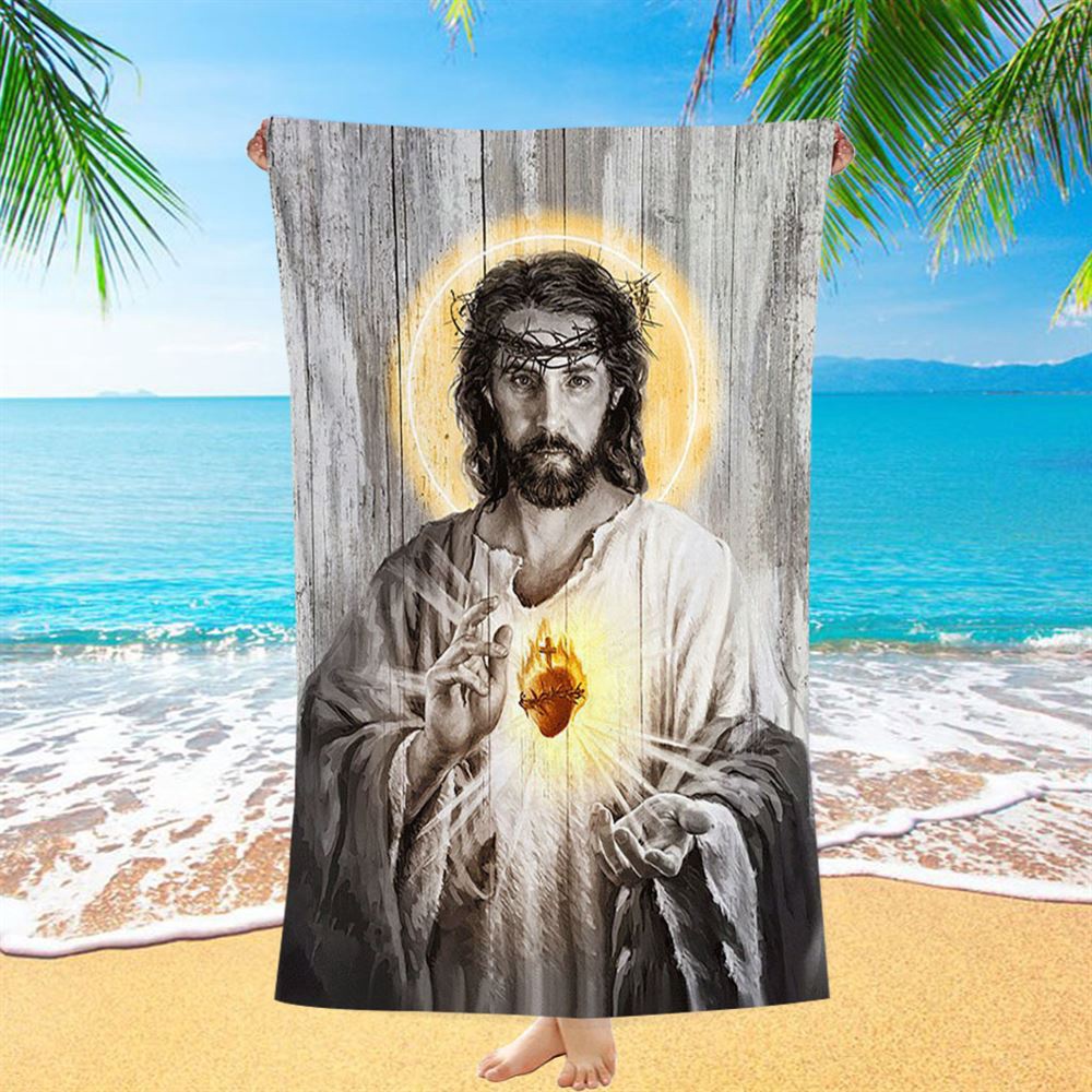 Sacred Heart Of Jesus Beach Towel, Christian Beach Towel, Beach Towel Sacred Heart Of Jesus Beach Towel, Christian Beach Towel, Beach Towel