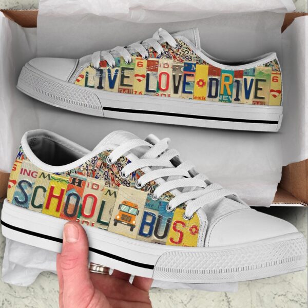 School Bus Live Love Drive License Plates Low Top Shoes Malalan, Low Top Designer Shoes, Low Top Sneakers