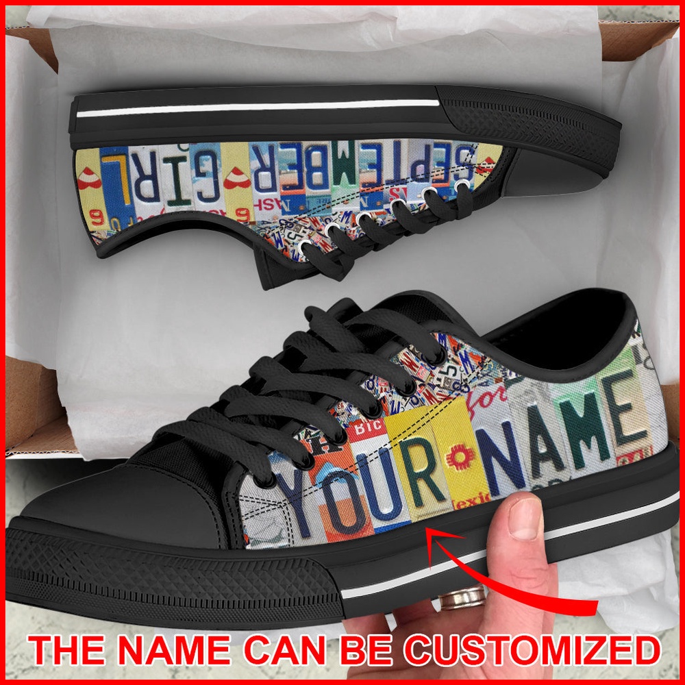September Girl License Plates Custom Name Low Top Birthday Shoes, Low Top Designer Shoes, Low Top Sneakers