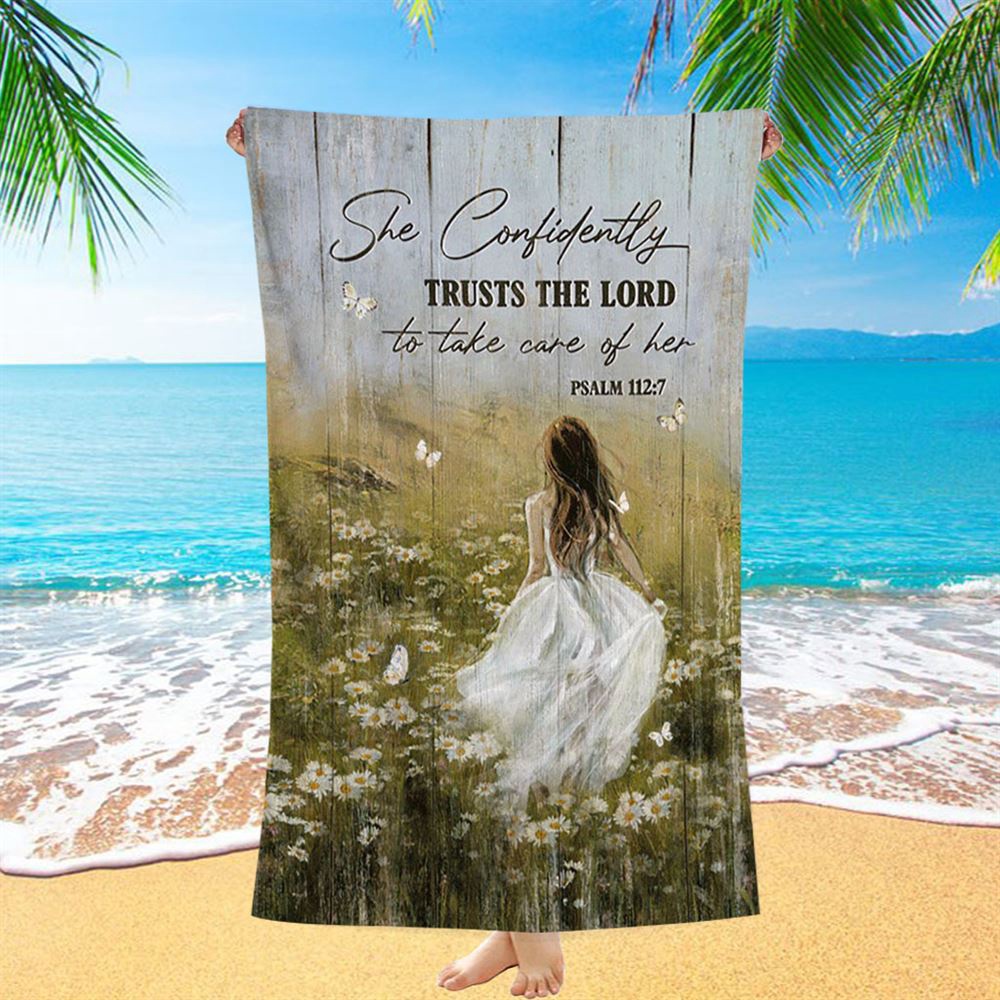 She Confidently Trusts The Lord To Take Care Of Her Green Flower Field White Butterfly Beach Towel, Christian Beach Towel She Confidently Trusts The Lord To Take Care Of Her Green Flower Field White Butterfly Beach Towel, Christian Beach Towel