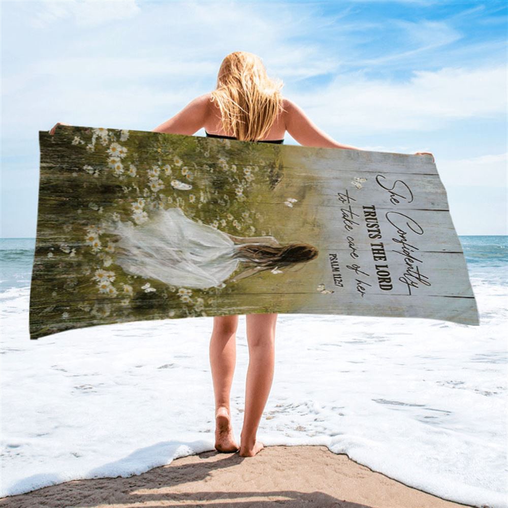 She Confidently Trusts The Lord To Take Care Of Her Green Flower Field White Butterfly Beach Towel, Christian Beach Towel She Confidently Trusts The Lord To Take Care Of Her Green Flower Field White Butterfly Beach Towel, Christian Beach Towel